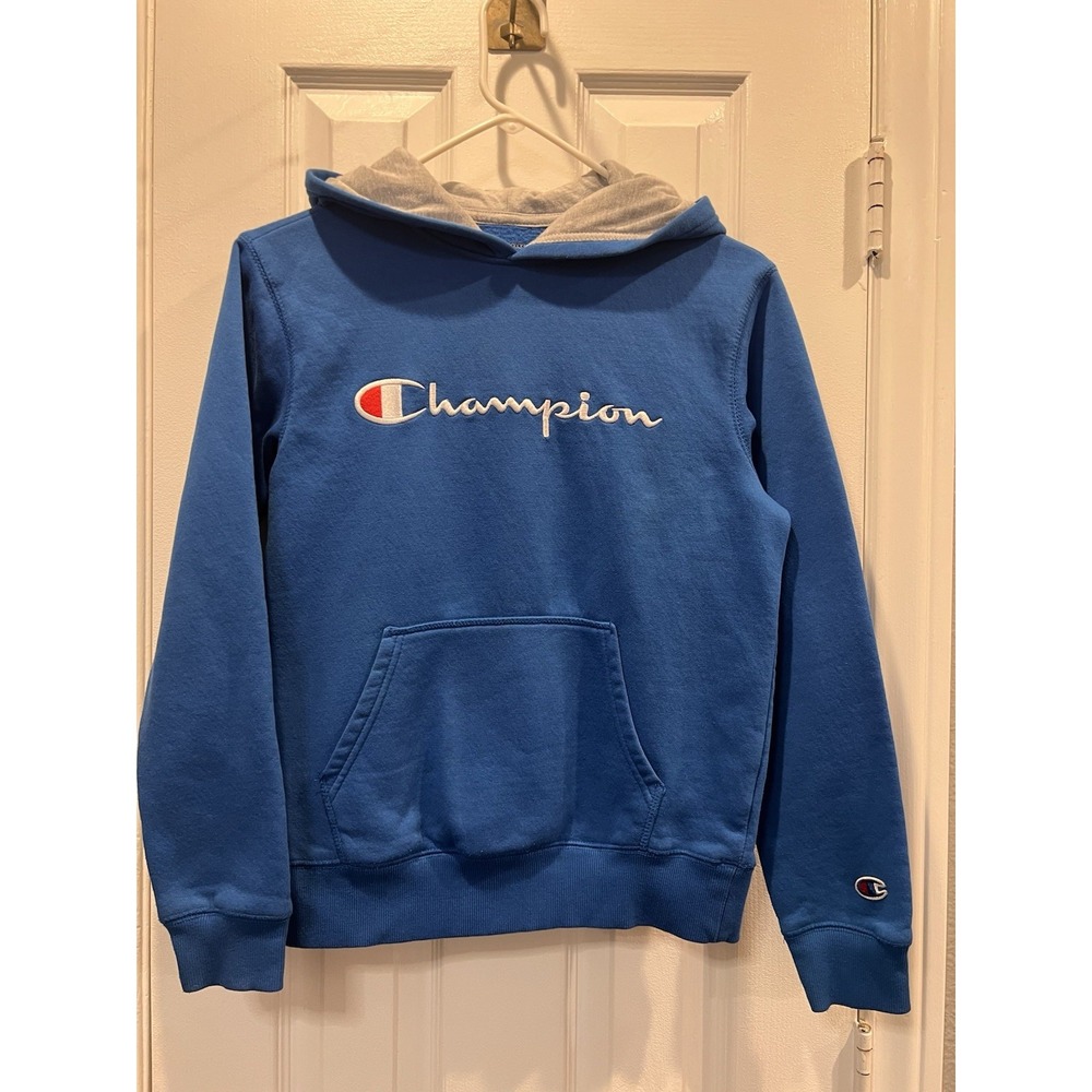 Champion Hoodie Youth Large Blue Script Logo Pullover Sweatshirt Contrast Gray